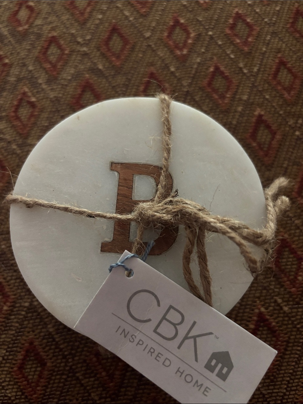 CBK Marble Monogram Coaster - White with Brown 'B'